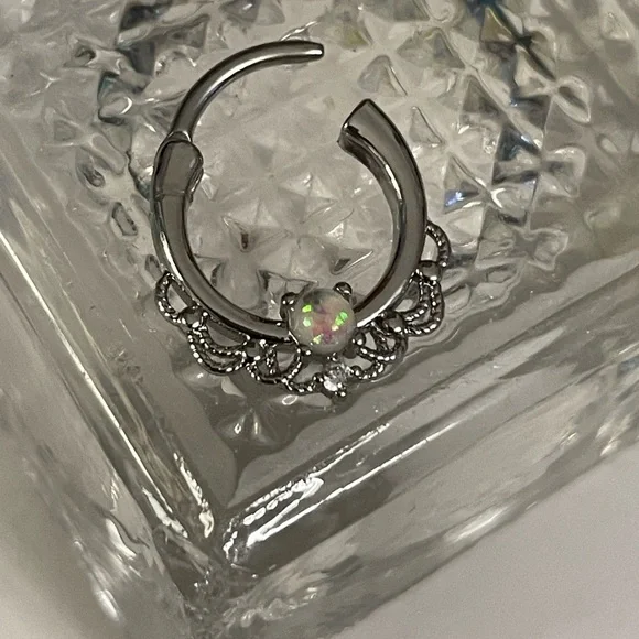 16G Opal & CZ Surgical Steel 10mm Single Hoop Septum/ Daith Clicker NWT - Picture 8 of 11